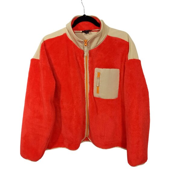 *SOLD* J Crew Fleece Jacket Womens L Orange Tan Full Zip Sherpa Superplush Soft - Picture 1 of 8